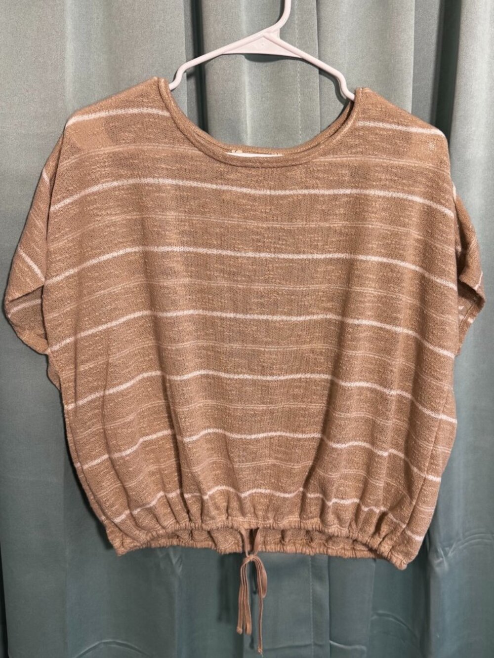 Max Studio London Striped Crop Top Drawstring Hem Short Sleeve Brown Size Small